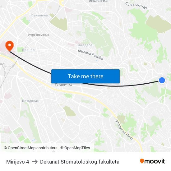 Mirijevo 4 to Dekanat Stomatološkog fakulteta map