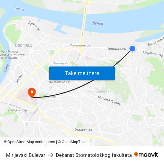 Mirijevski Bulevar to Dekanat Stomatološkog fakulteta map