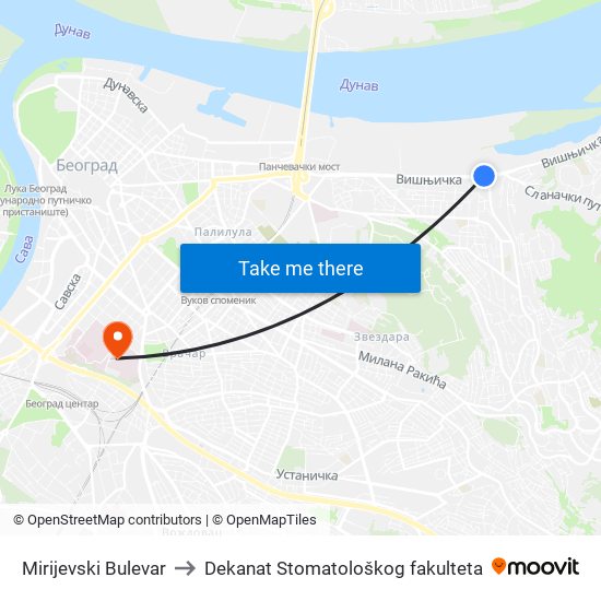 Mirijevski Bulevar to Dekanat Stomatološkog fakulteta map