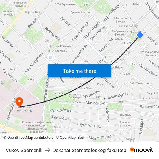 Vukov Spomenik to Dekanat Stomatološkog fakulteta map