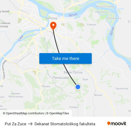 Put Za Zuce to Dekanat Stomatološkog fakulteta map