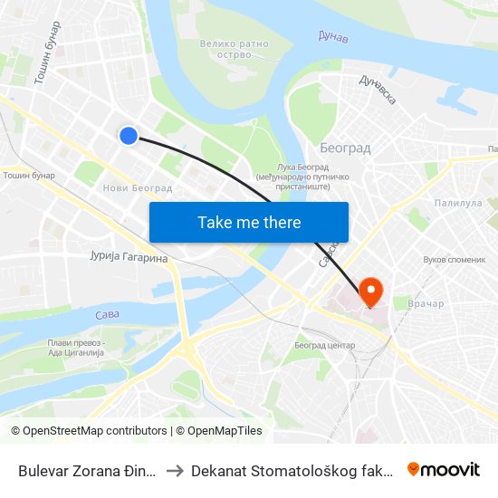 Bulevar Zorana Đinđića to Dekanat Stomatološkog fakulteta map