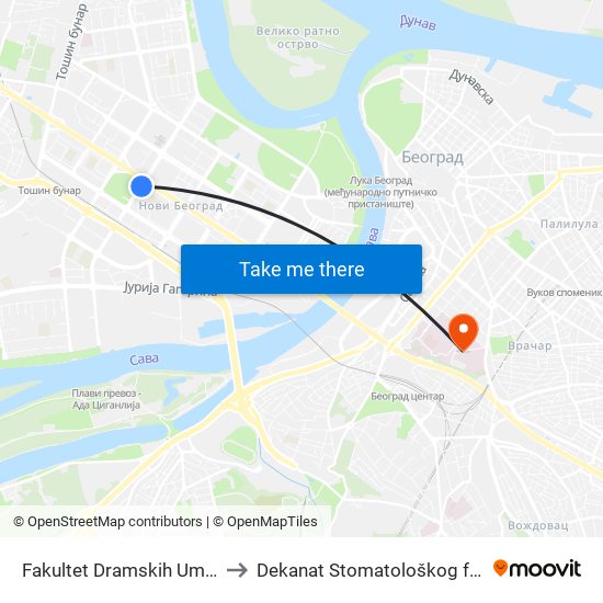 Fakultet Dramskih Umetnosti to Dekanat Stomatološkog fakulteta map