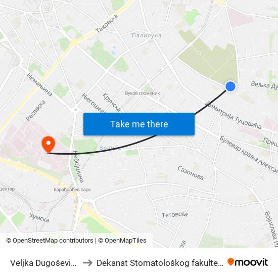 Veljka Dugoševića to Dekanat Stomatološkog fakulteta map