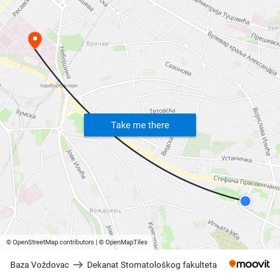 Baza Voždovac to Dekanat Stomatološkog fakulteta map