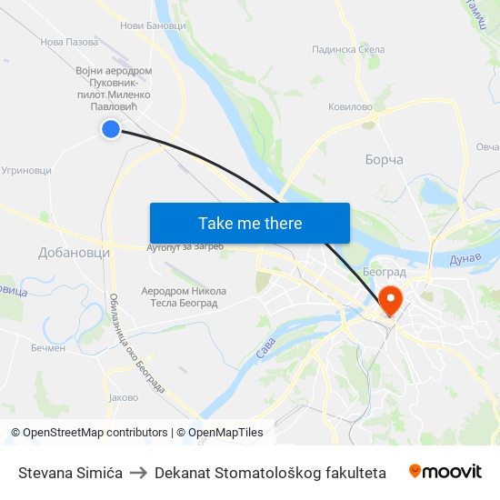 Stevana Simića to Dekanat Stomatološkog fakulteta map