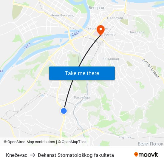 Kneževac to Dekanat Stomatološkog fakulteta map