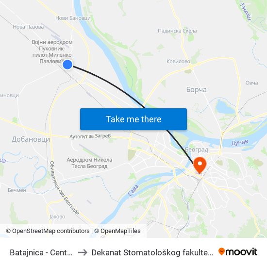 Batajnica - Centar to Dekanat Stomatološkog fakulteta map