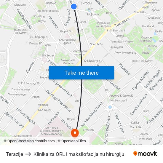 Terazije to Klinika za ORL i maksilofacijalnu hirurgiju map