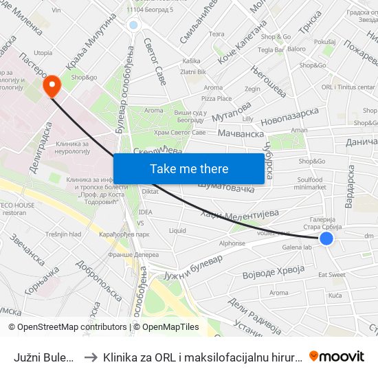 Južni Bulevar to Klinika za ORL i maksilofacijalnu hirurgiju map