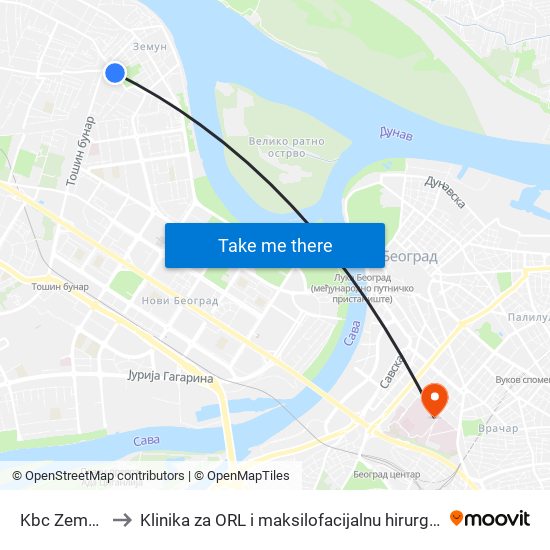 Kbc Zemun to Klinika za ORL i maksilofacijalnu hirurgiju map
