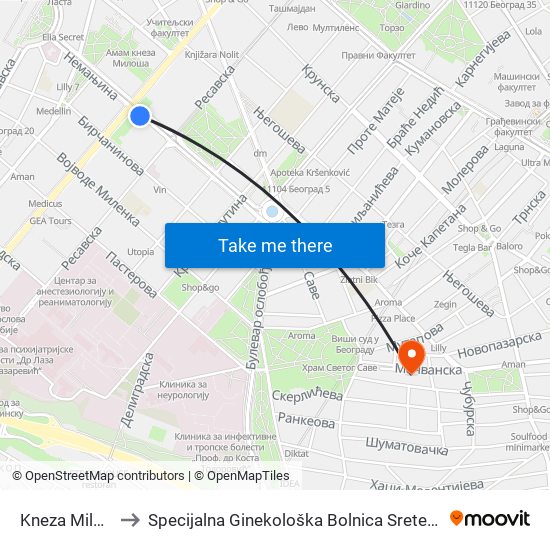 Kneza Miloša to Specijalna Ginekološka Bolnica Sretenović map