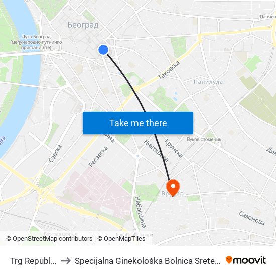 Trg Republike to Specijalna Ginekološka Bolnica Sretenović map