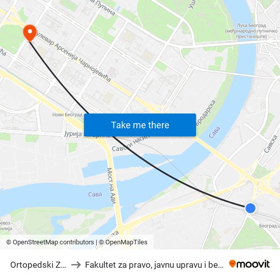 Ortopedski Zavod to Fakultet za pravo, javnu upravu i bezbednost map