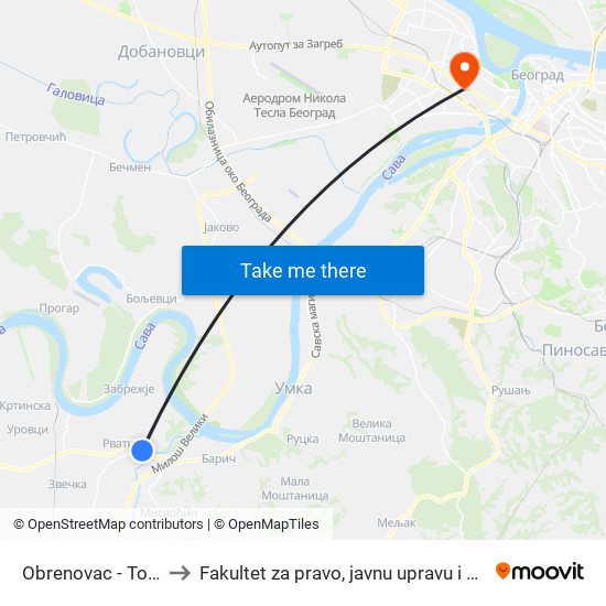 Obrenovac - Topolice to Fakultet za pravo, javnu upravu i bezbednost map
