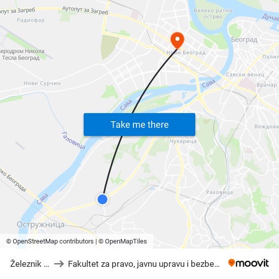 Železnik - R to Fakultet za pravo, javnu upravu i bezbednost map