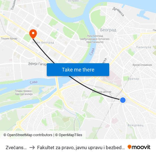 Zvečanska to Fakultet za pravo, javnu upravu i bezbednost map