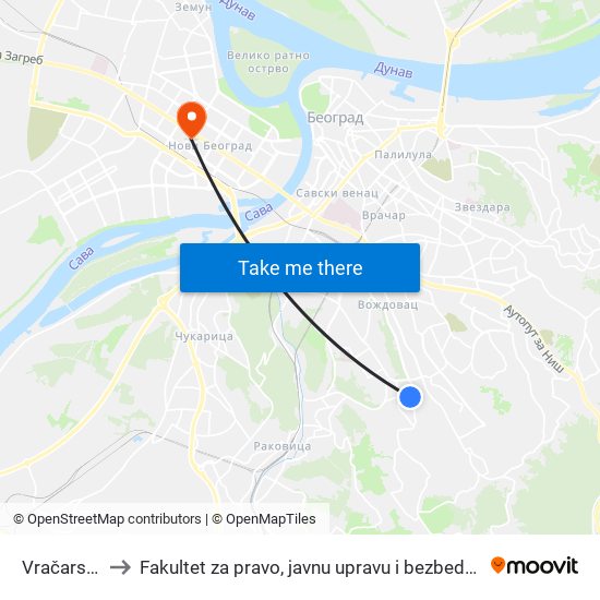 Vračarska to Fakultet za pravo, javnu upravu i bezbednost map