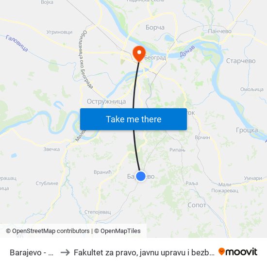 Barajevo - Ulaz to Fakultet za pravo, javnu upravu i bezbednost map