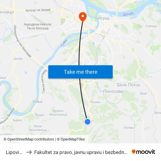 Lipovica to Fakultet za pravo, javnu upravu i bezbednost map