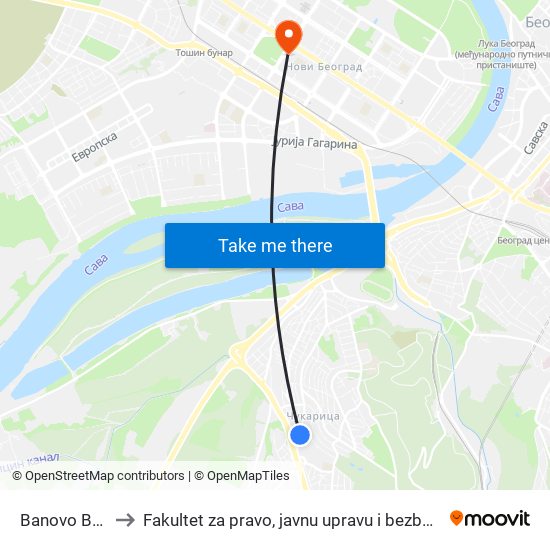 Banovo Brdo to Fakultet za pravo, javnu upravu i bezbednost map