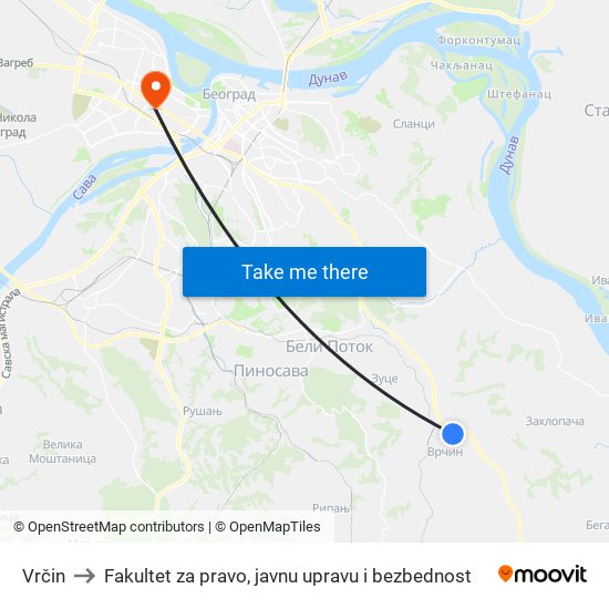 Vrčin to Fakultet za pravo, javnu upravu i bezbednost map