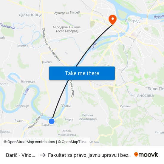 Barič - Vinogradi to Fakultet za pravo, javnu upravu i bezbednost map