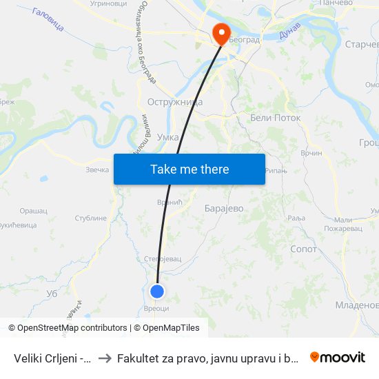 Veliki Crljeni - Dom to Fakultet za pravo, javnu upravu i bezbednost map