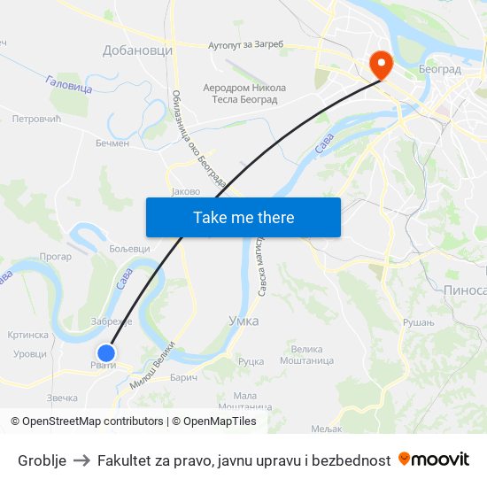 Groblje to Fakultet za pravo, javnu upravu i bezbednost map