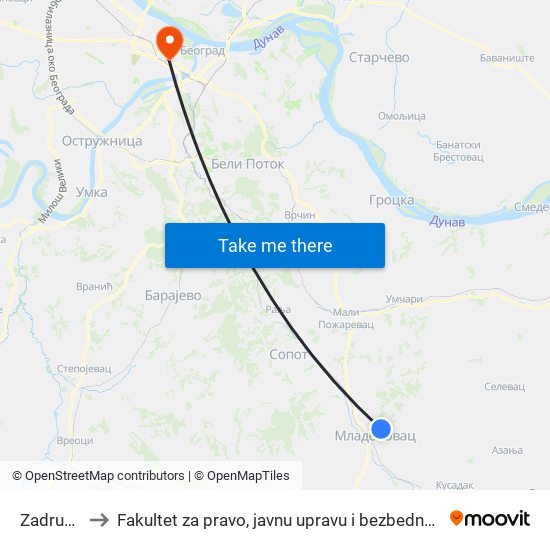 Zadruga to Fakultet za pravo, javnu upravu i bezbednost map