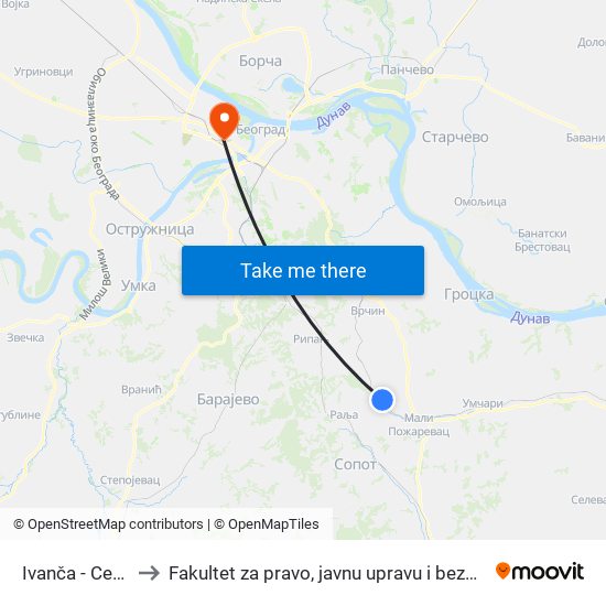 Ivanča - Centar to Fakultet za pravo, javnu upravu i bezbednost map