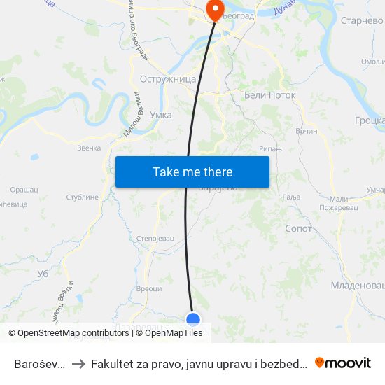 Baroševac to Fakultet za pravo, javnu upravu i bezbednost map