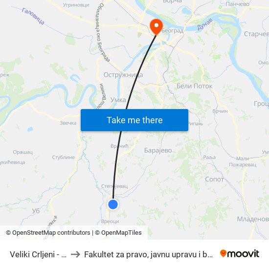 Veliki Crljeni - Vaga to Fakultet za pravo, javnu upravu i bezbednost map