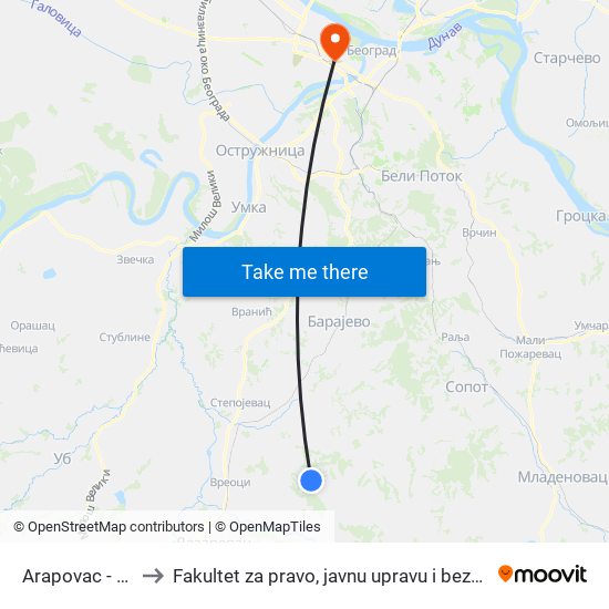 Arapovac - Panj to Fakultet za pravo, javnu upravu i bezbednost map