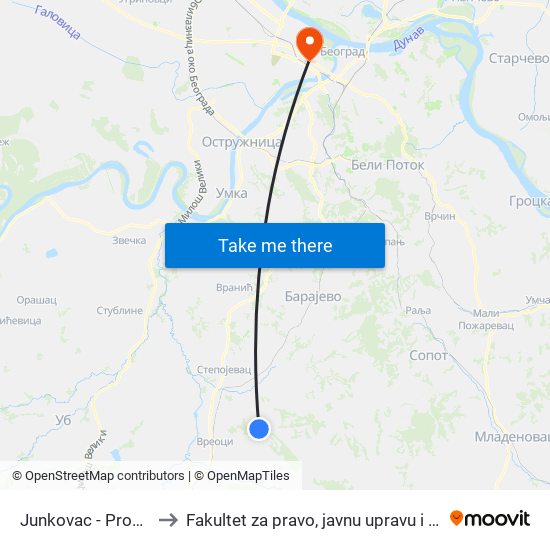 Junkovac - Prodavnica to Fakultet za pravo, javnu upravu i bezbednost map