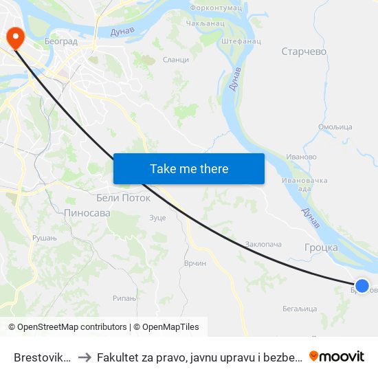 Brestovik - R to Fakultet za pravo, javnu upravu i bezbednost map