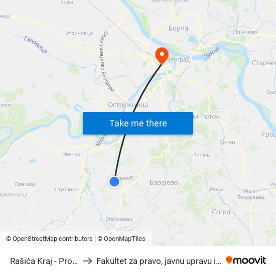 Rašića Kraj - Prodavnica to Fakultet za pravo, javnu upravu i bezbednost map