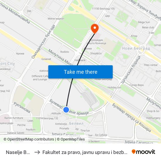 Naselje Belvil to Fakultet za pravo, javnu upravu i bezbednost map