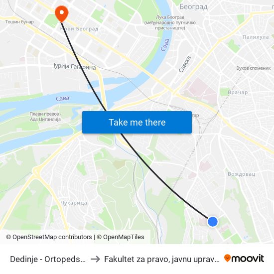 Dedinje - Ortopedska Bolnica to Fakultet za pravo, javnu upravu i bezbednost map