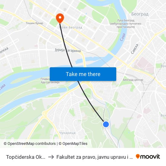 Topčiderska Okretnica to Fakultet za pravo, javnu upravu i bezbednost map