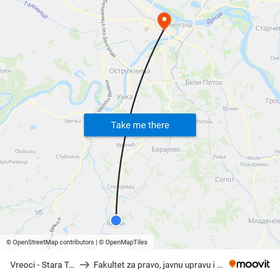 Vreoci - Stara Toplana to Fakultet za pravo, javnu upravu i bezbednost map