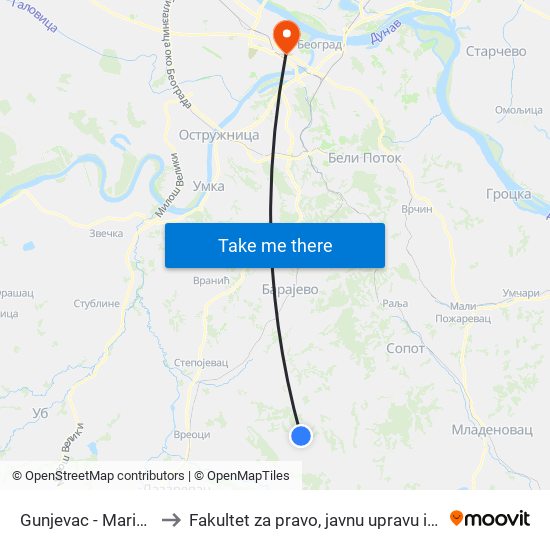 Gunjevac - Marića Kuće to Fakultet za pravo, javnu upravu i bezbednost map