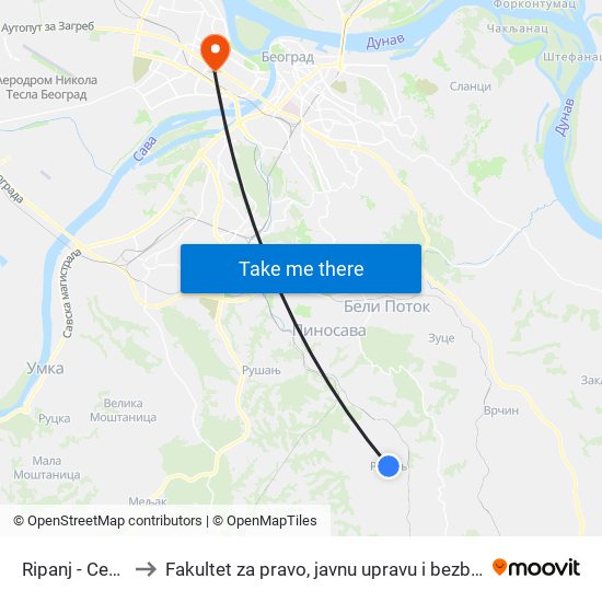 Ripanj - Centar to Fakultet za pravo, javnu upravu i bezbednost map