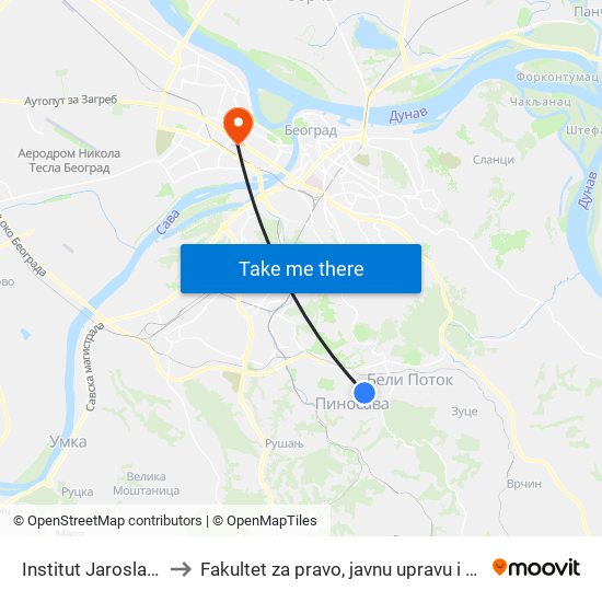 Institut Jaroslav Černi to Fakultet za pravo, javnu upravu i bezbednost map