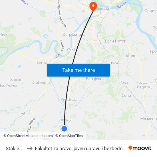 Staklenik to Fakultet za pravo, javnu upravu i bezbednost map