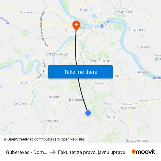 Guberevac - Dom Zdravlja to Fakultet za pravo, javnu upravu i bezbednost map