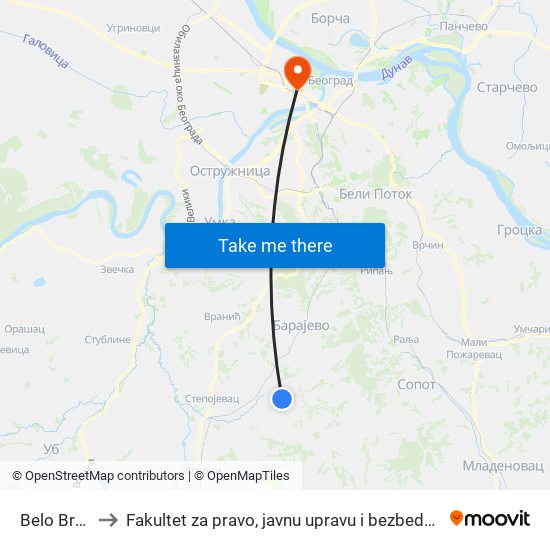 Belo Brdo to Fakultet za pravo, javnu upravu i bezbednost map