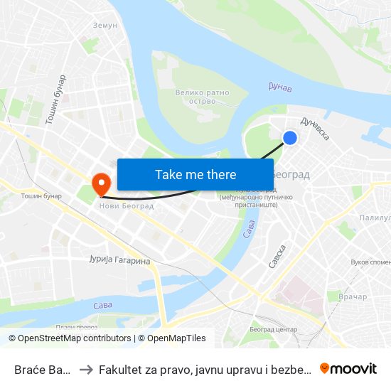 Braće Baruh to Fakultet za pravo, javnu upravu i bezbednost map