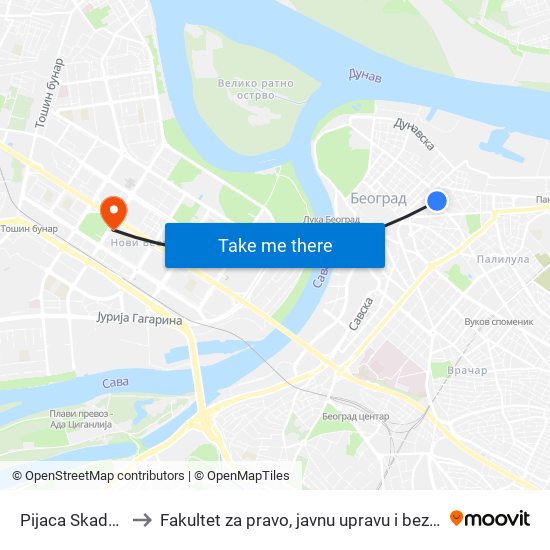 Pijaca Skadarlija to Fakultet za pravo, javnu upravu i bezbednost map