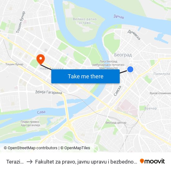 Terazije to Fakultet za pravo, javnu upravu i bezbednost map